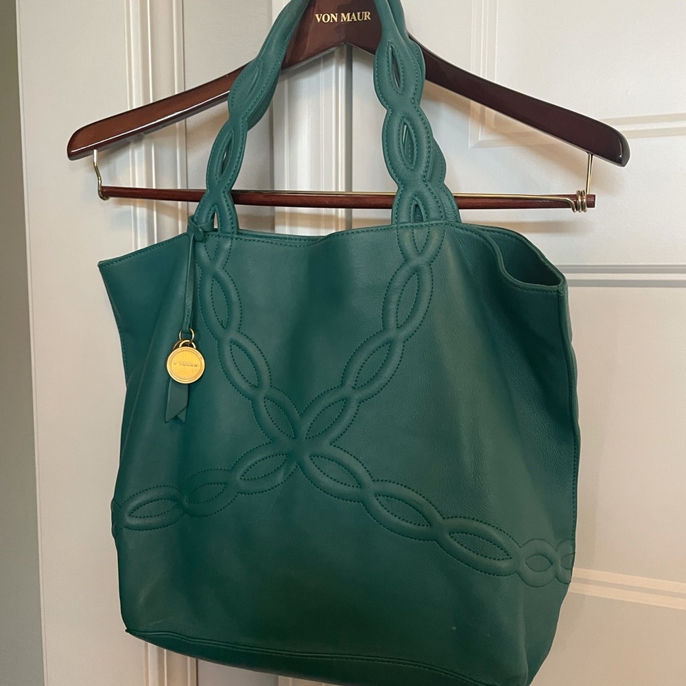 T Tahari Green Tote with Braided Design